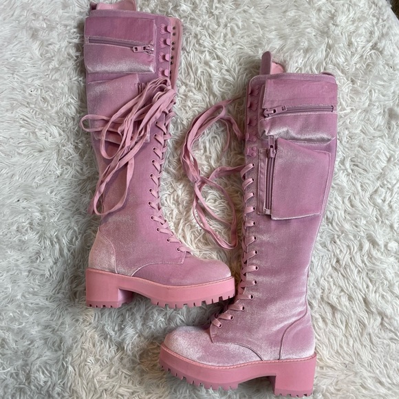 Sugar Thrillz Pink Velvet Obsidian Pocket Combat Boots | Dolls Kill - Picture 7 of 16